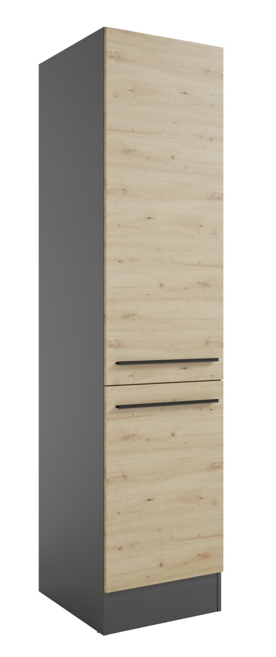 Vorratsschrank in Holzoptik mit zwei schwarzen Griffen, seitliche Perspektive