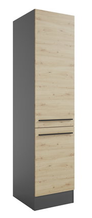 Vorratsschrank in Holzoptik mit zwei schwarzen Griffen, seitliche Perspektive