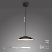 Schwarze, flache LED-Pendelleuchte mit rundem Schirm und langem Kabel, Ansicht schräg von unten vor grauem Hintergrund