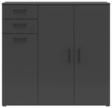 Schwarze Kommode mit zwei Türen und drei Schubladen, frontale Ansicht