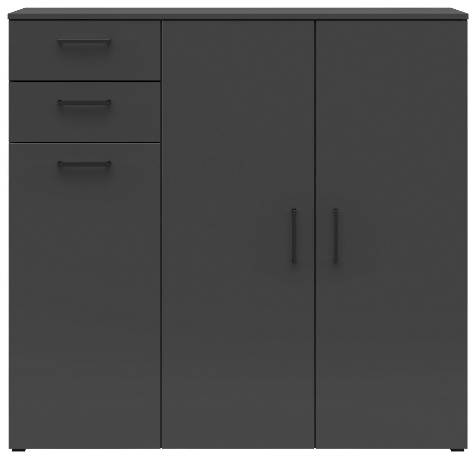 Schwarze Kommode mit zwei Türen und drei Schubladen, frontale Ansicht