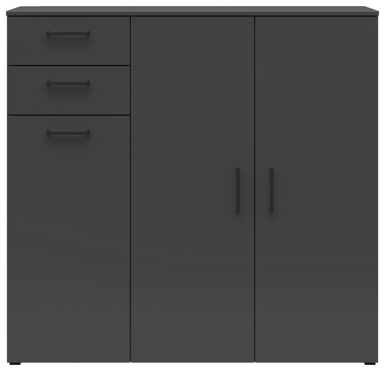 Schwarze Kommode mit zwei Türen und drei Schubladen, frontale Ansicht