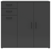 Schwarze Kommode mit zwei Türen und drei Schubladen, frontale Ansicht