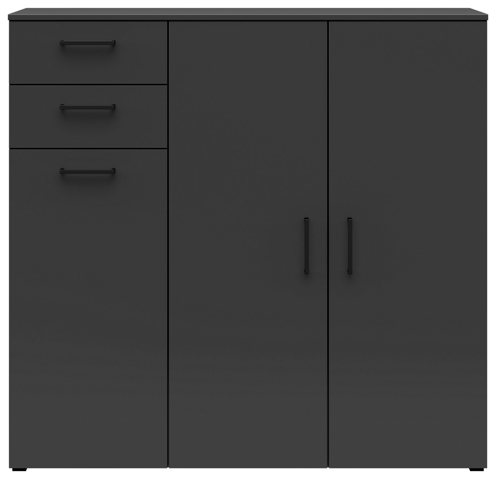 Schwarze Kommode mit zwei Türen und drei Schubladen, frontale Ansicht