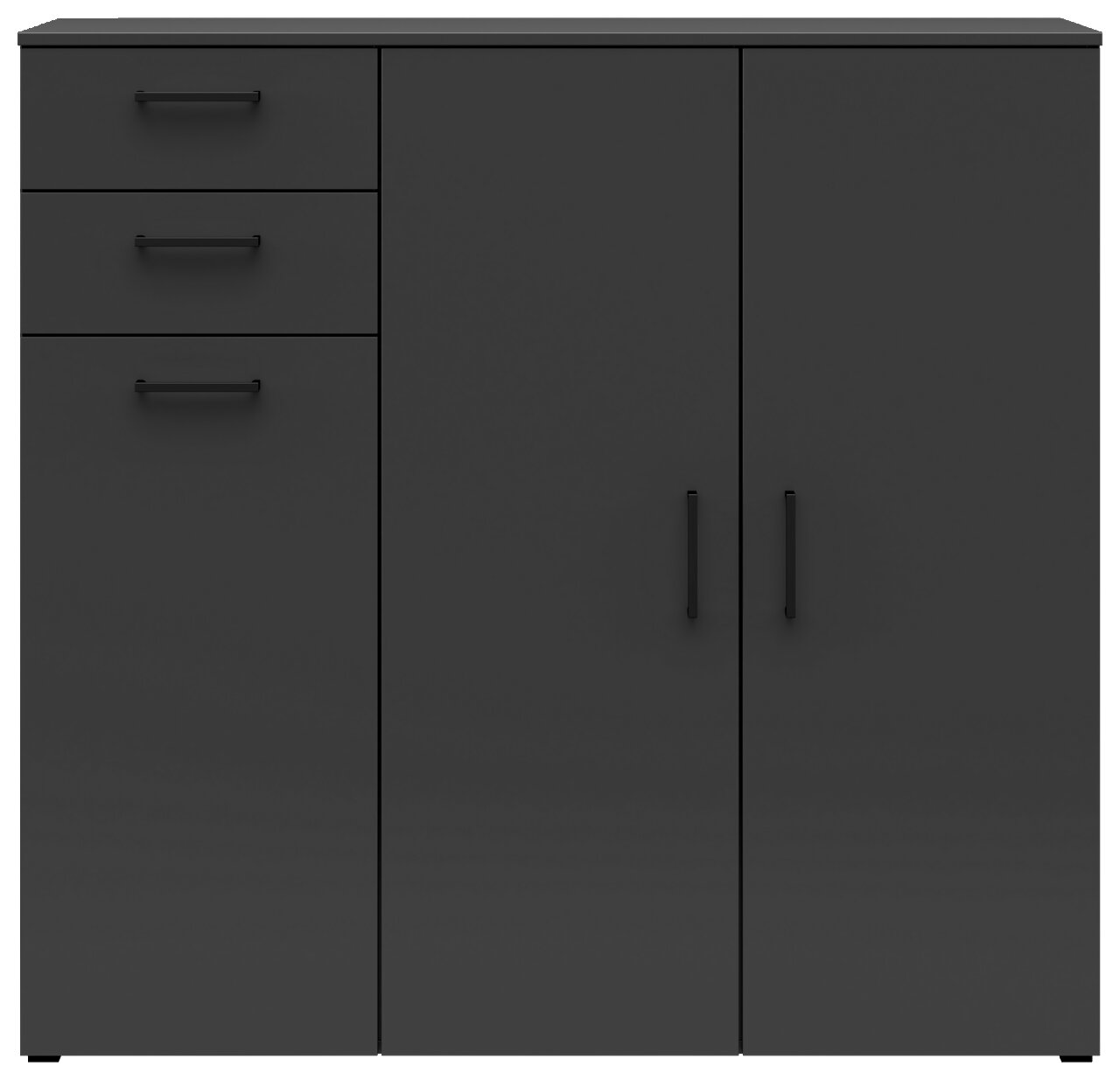 Schwarze Kommode mit zwei Türen und drei Schubladen, frontale Ansicht