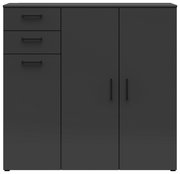 Schwarze Kommode mit zwei Türen und drei Schubladen, frontale Ansicht