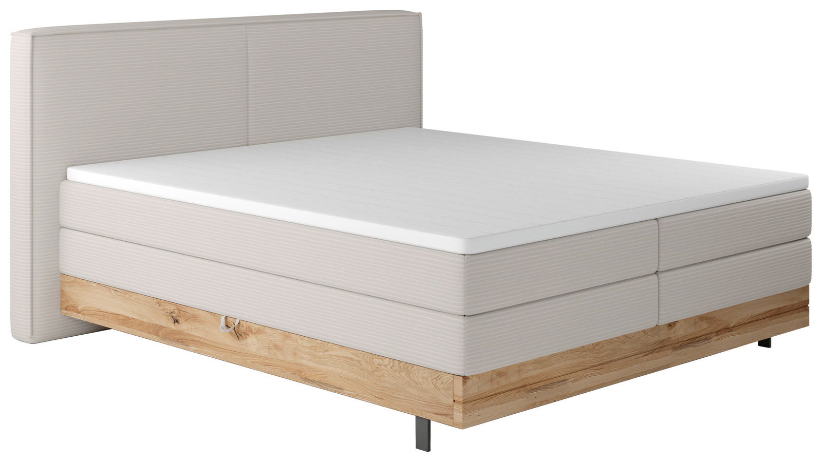 Boxspringbett mit hellem Stoffbezug und Holzunterbau, seitliche Perspektive