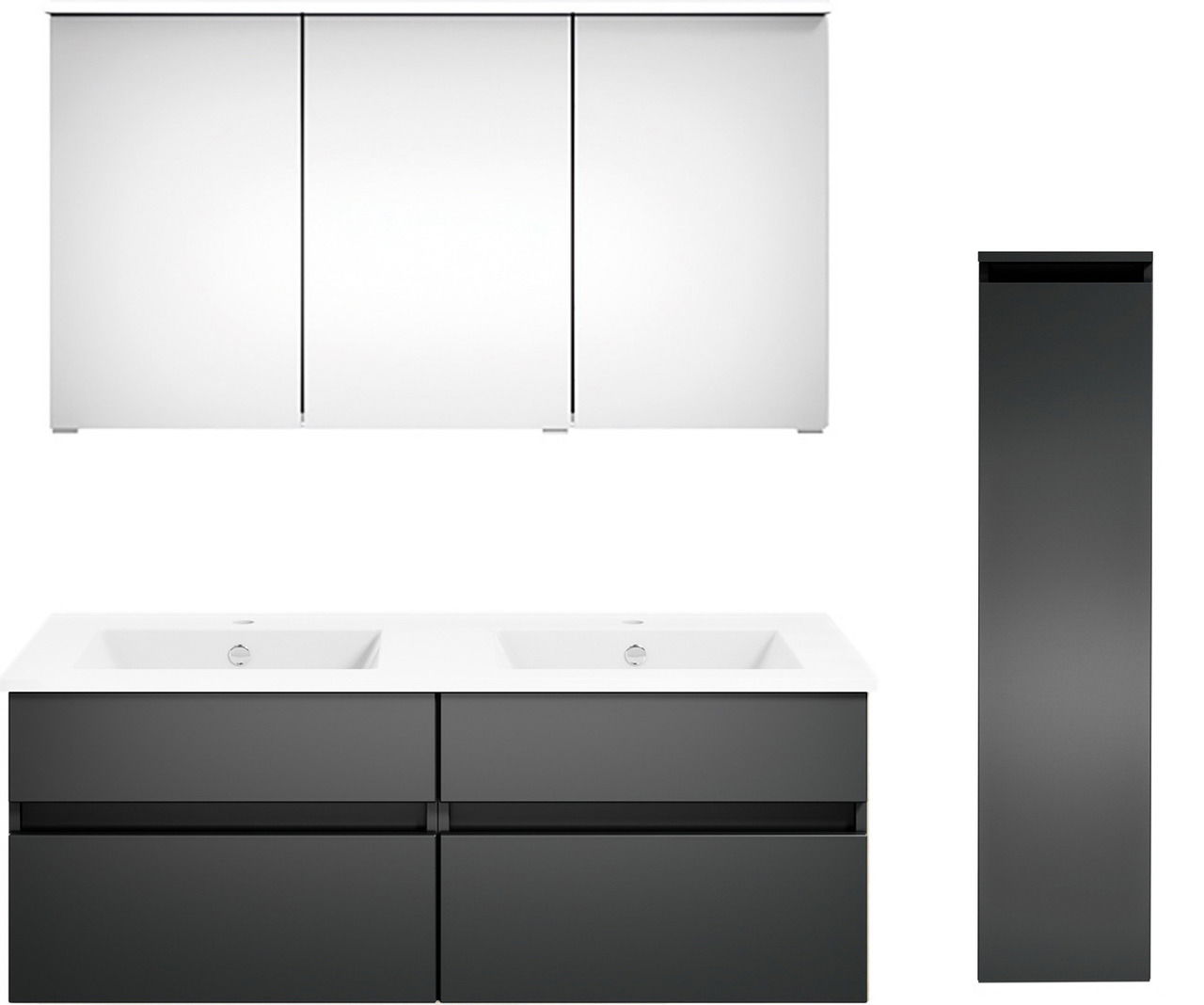 Moderne Badkombination mit Doppelwaschbecken, Spiegelschrank und hohem Seitenschrank, Frontalansicht.