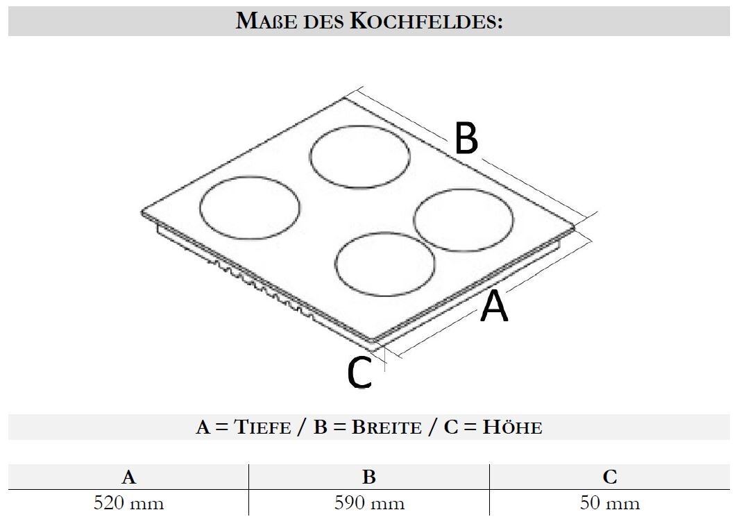 Technische Skizze eines Kochfelds mit vier Kochzonen in schräger Draufsicht, Maßangaben A=Tiefe 520 mm, B=Breite 590 mm und C=Höhe 50 mm