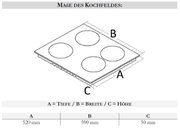 Technische Skizze eines Kochfelds mit vier Kochzonen in schräger Draufsicht, Maßangaben A=Tiefe 520 mm, B=Breite 590 mm und C=Höhe 50 mm