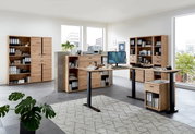 Moderne Büromöbel in einem hellen Raum mit großen Fenstern, bestehend aus einem höhenverstellbaren Eckschreibtisch aus Melamin, umgeben von Aktenschränken und Regalen aus Holz. Perspektive: Frontalansicht.