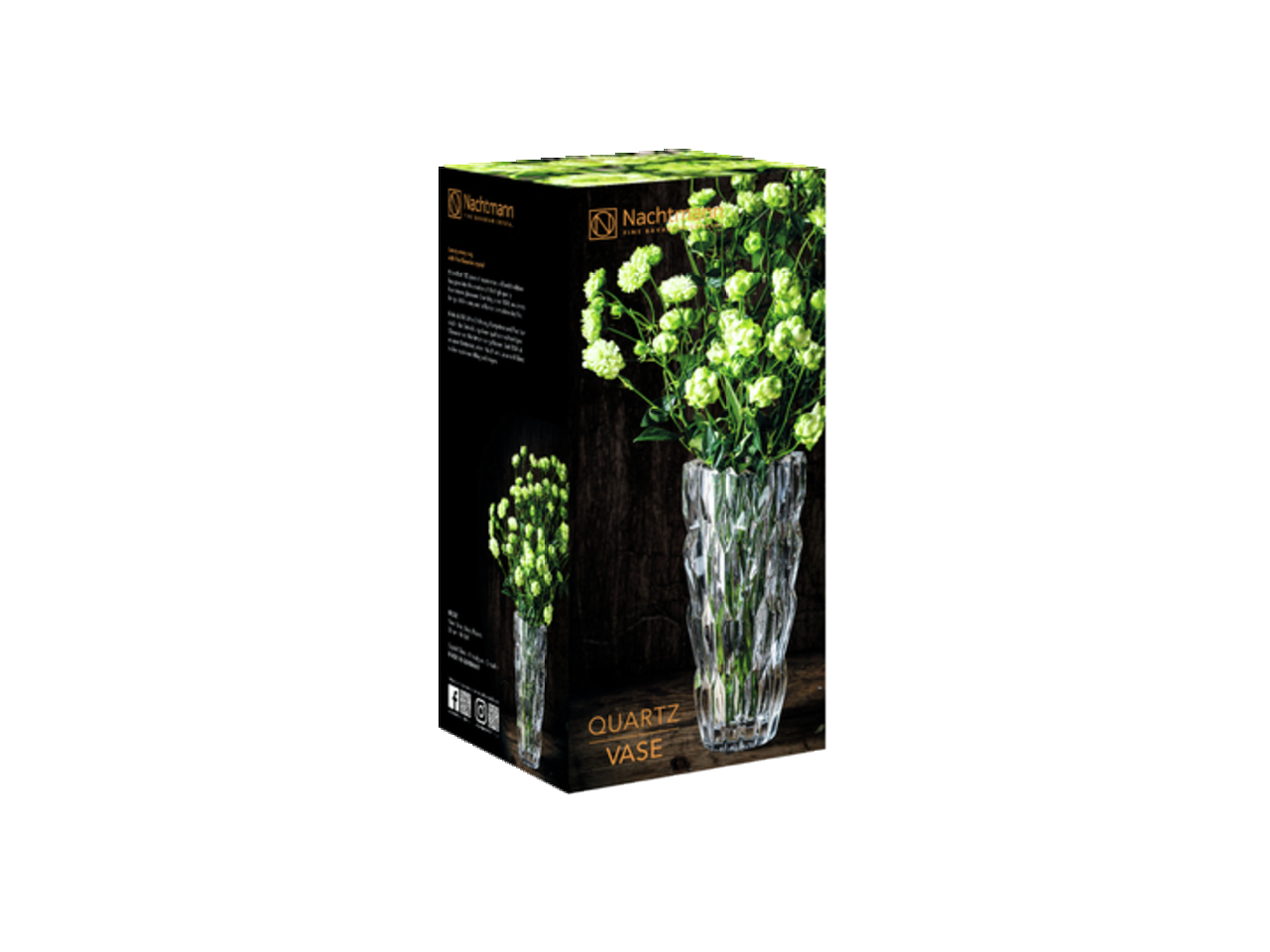 Verpackung der Vase Quartz 26cm von Nachtmann, Vorderansicht mit Blumenarrangement