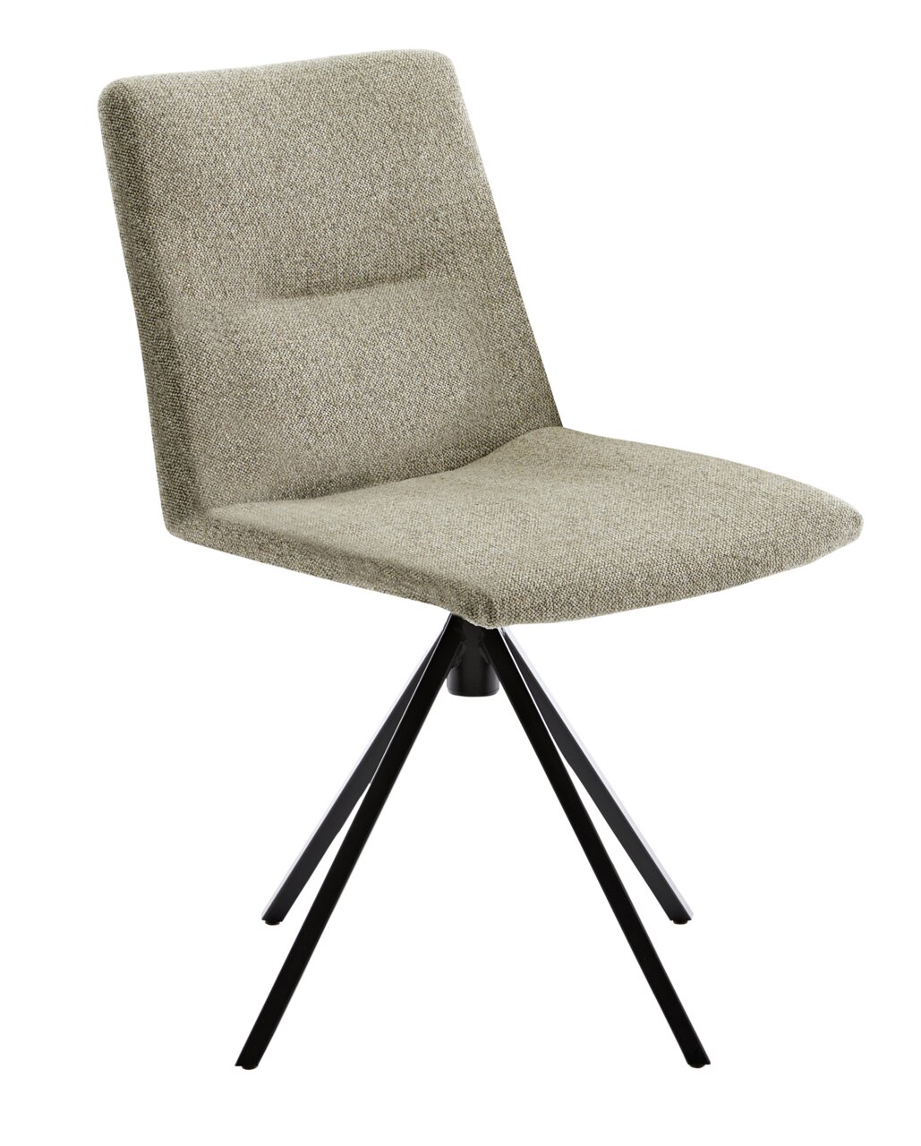 Moderner Stuhl mit gepolsterter Sitzfläche und Rückenlehne in Beige, schwarzes Metallgestell, seitliche Perspektive