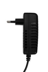 Schwarzes Netzteil mit Kabel, seitliche Ansicht