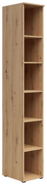 Holzregal mit fünf offenen Fächern, seitliche Perspektive