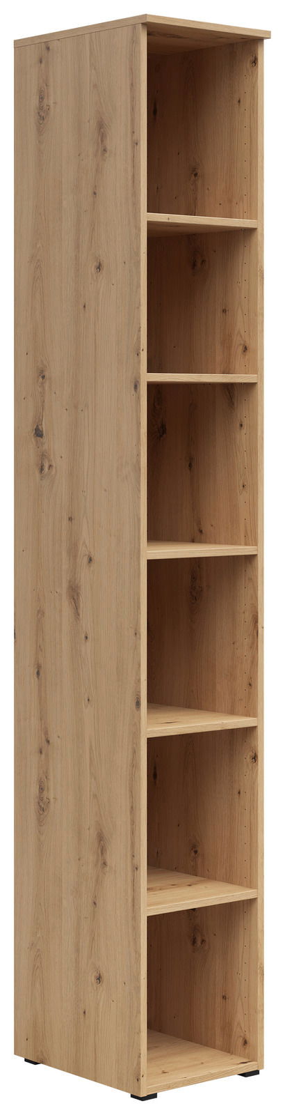 Holzregal mit fünf offenen Fächern, seitliche Perspektive