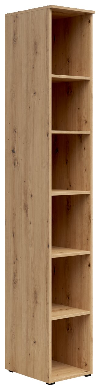 Holzregal mit fünf offenen Fächern, seitliche Perspektive