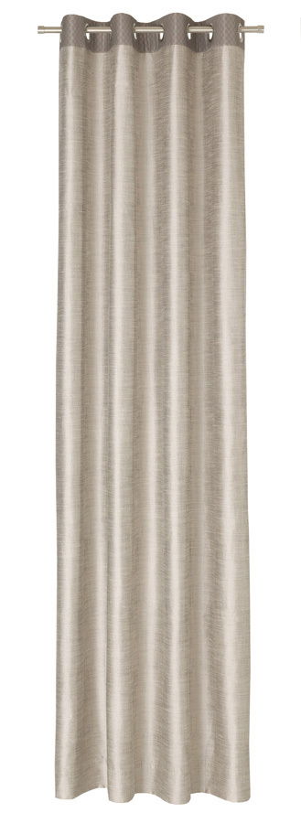 Beiger Ösenvorhang in voller Länge, frontal fotografiert, mit dezenter Textur und Metallösen zur Aufhängung.