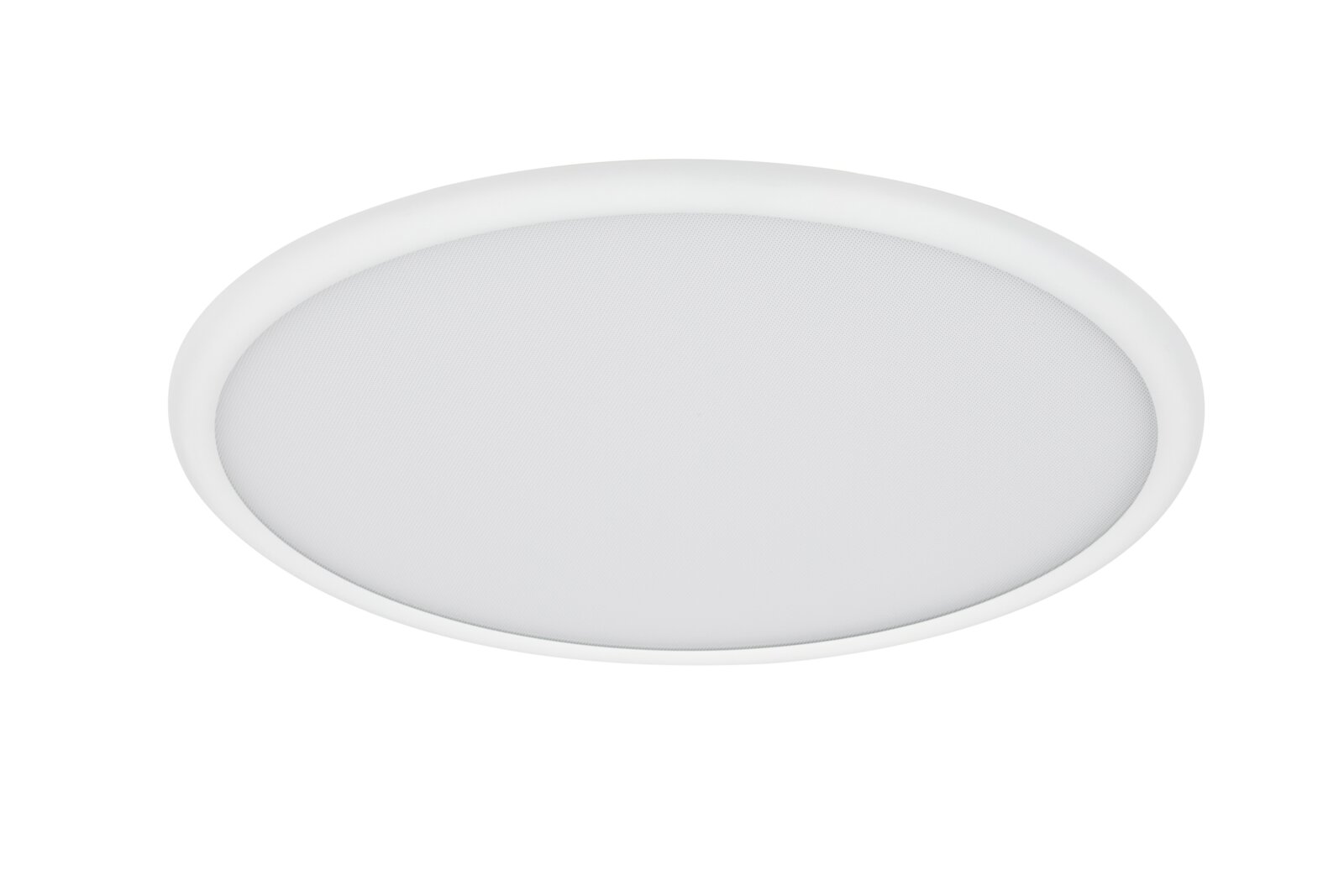 Ronde, platte led-plafondlamp in wit met een diffuse kap, productfoto vanuit een schuine hoek van bovenaf op een witte achtergrond
