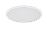 Ronde, platte led-plafondlamp in wit met een diffuse kap, productfoto vanuit een schuine hoek van bovenaf op een witte achtergrond