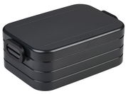 Schwarze Lunchbox aus Kunststoff mit abgerundeten Ecken und seitlichen Griffen, perspektivisch von oben fotografiert.