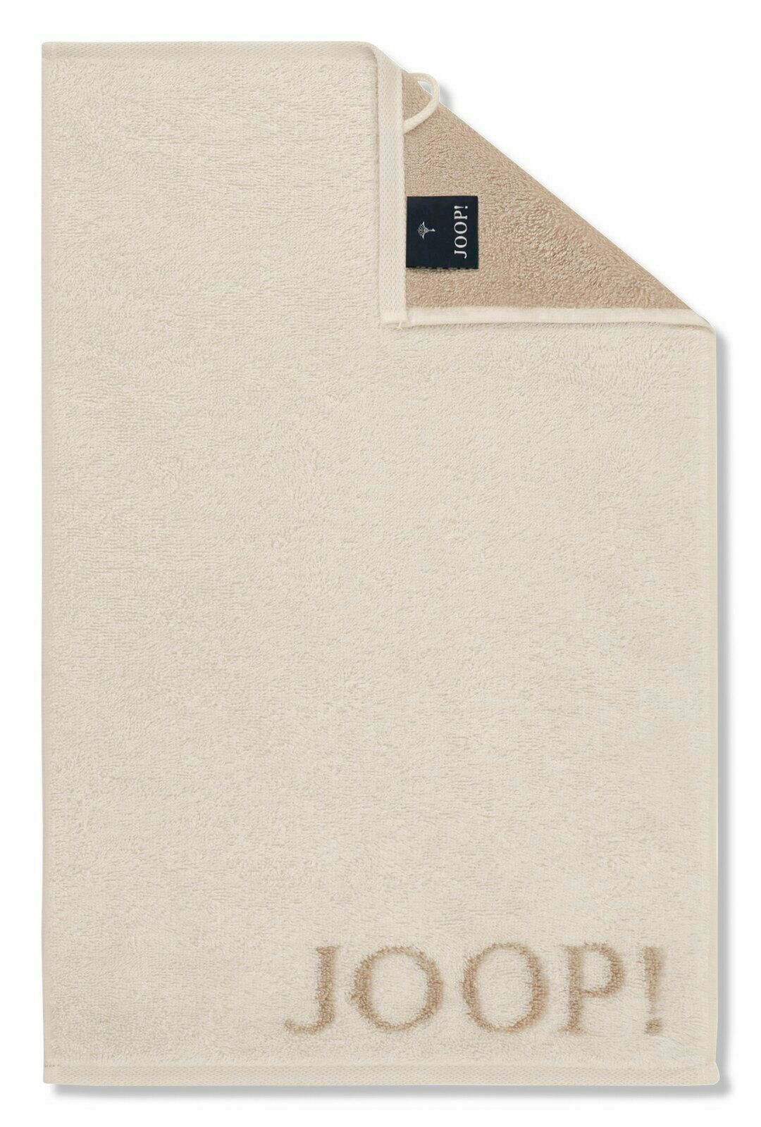 JOOP! Handtuch Beiges Gästetuch mit aufgesticktem 'JOOP!' Logo, von oben fotografiert.