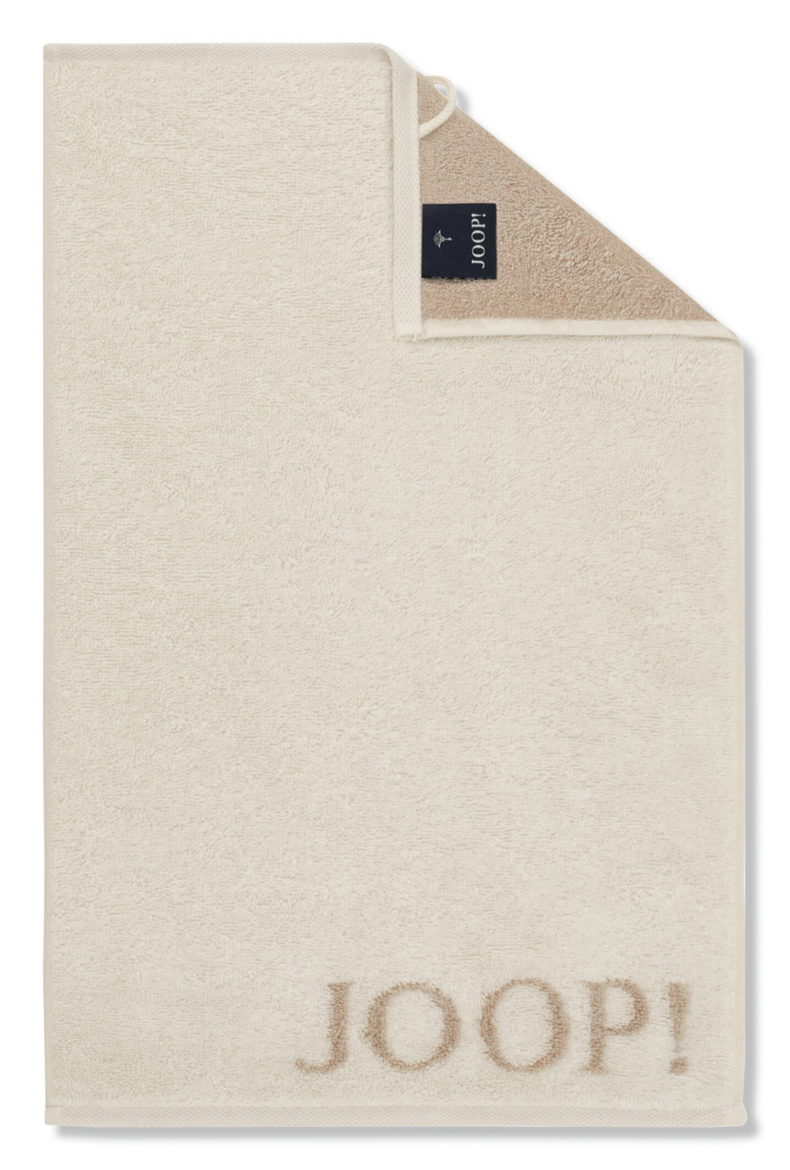 JOOP! Handtuch Beiges Gästetuch mit aufgesticktem 'JOOP!' Logo, von oben fotografiert.