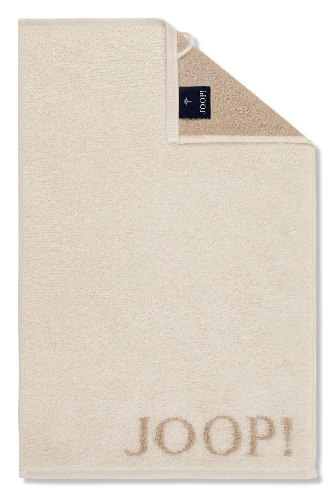 JOOP! Handtuch Beiges Gästetuch mit aufgesticktem 'JOOP!' Logo, von oben fotografiert.