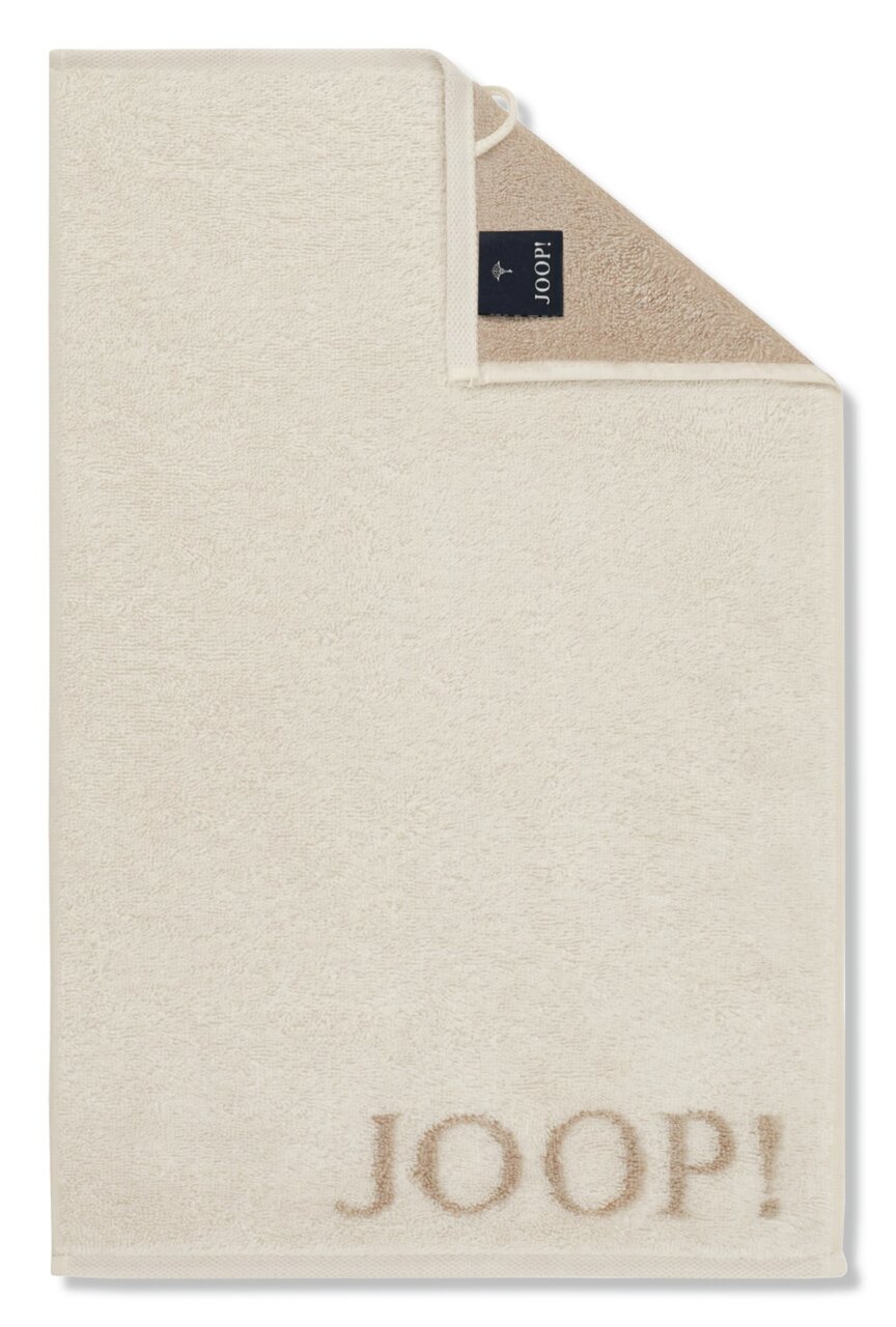 JOOP! Handtuch Beiges Gästetuch mit aufgesticktem 'JOOP!' Logo, von oben fotografiert.