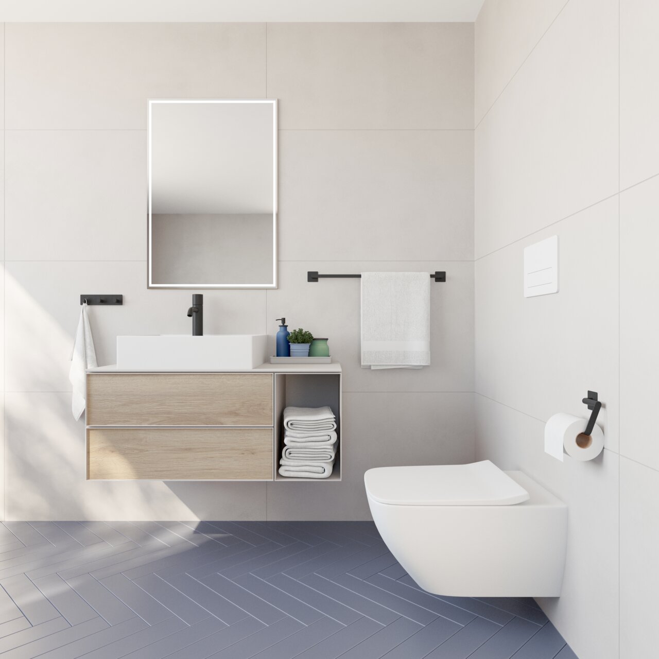Moderne Badezimmeransicht mit matt schwarzer Dreierhakenleiste an der Wand, neben einem Waschbecken mit Holzunterschrank und Handtuchhalter.