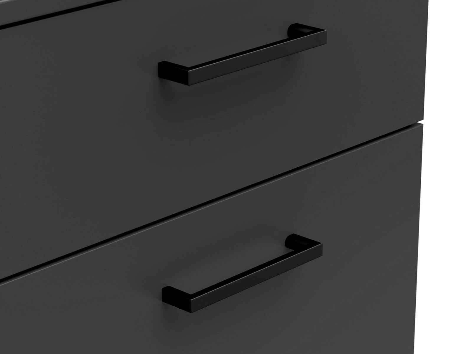 Nahaufnahme von zwei Schubladen einer dunkelgrauen Kommode mit schwarzen Griffen, seitliche Perspektive