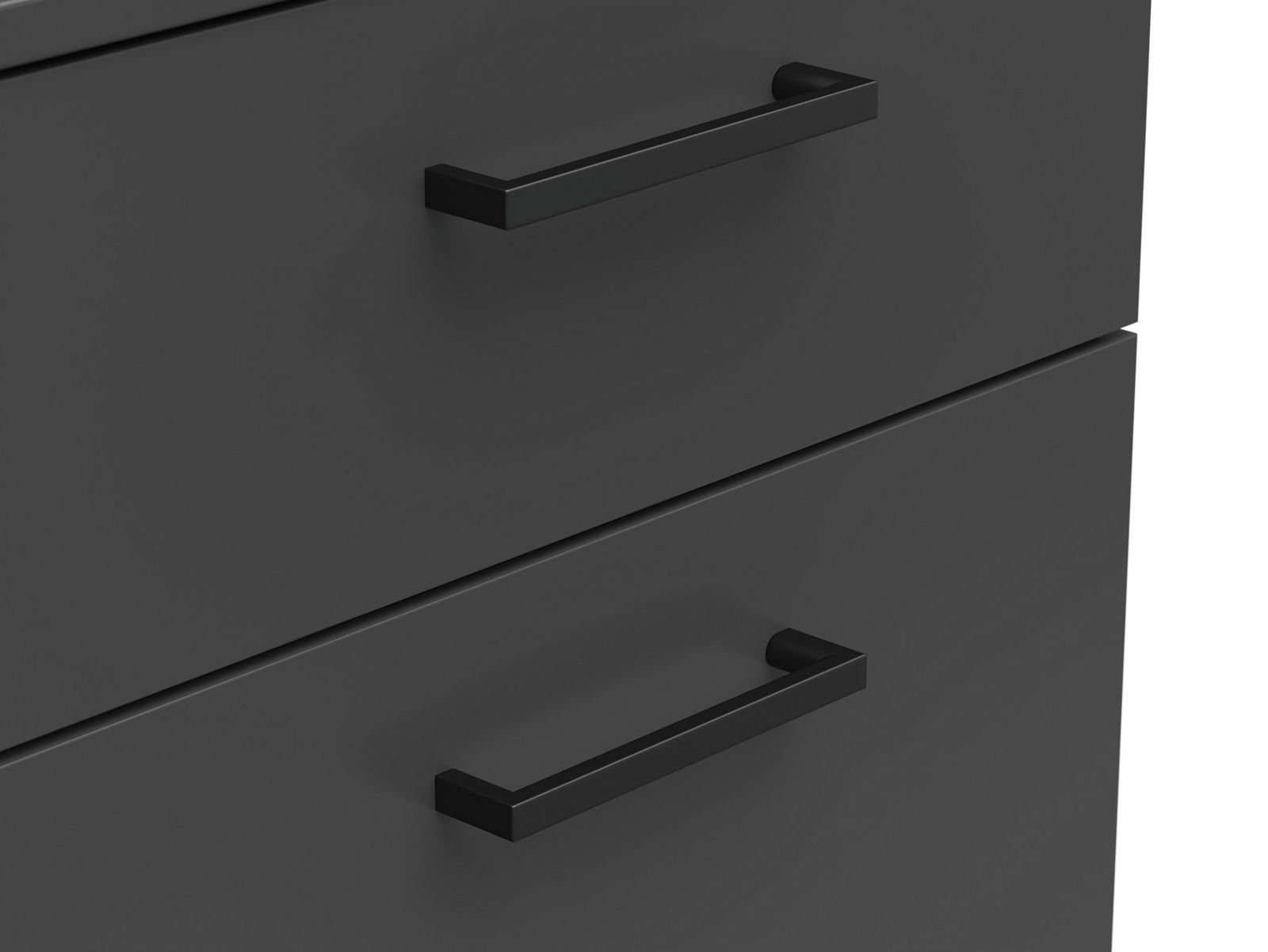 Nahaufnahme von zwei Schubladen einer dunkelgrauen Kommode mit schwarzen Griffen, seitliche Perspektive