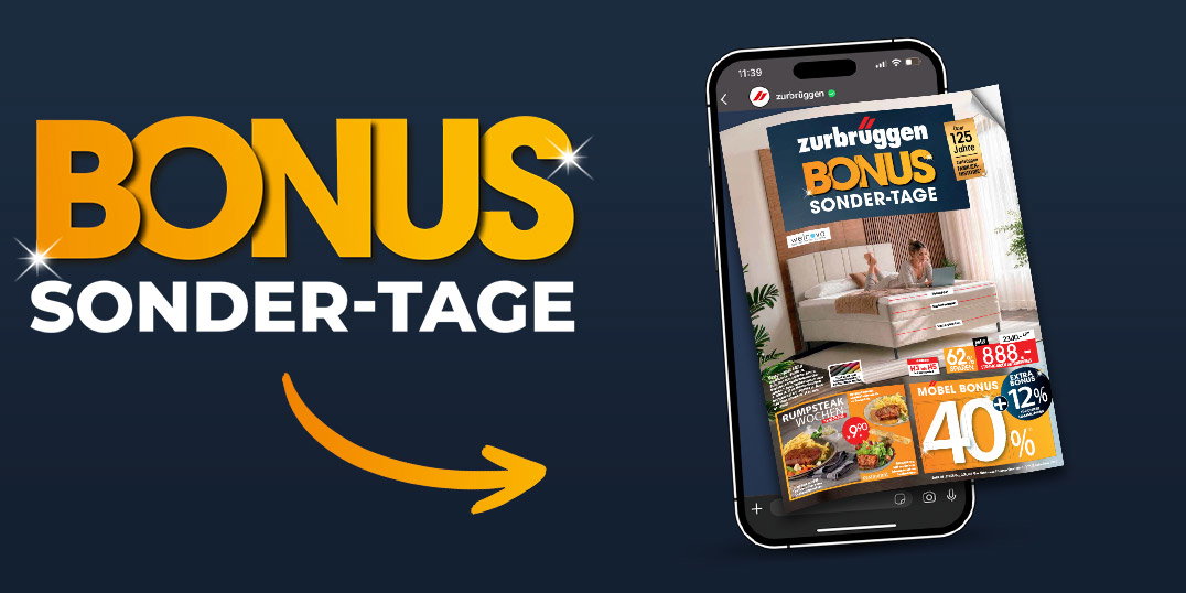 Prospekte der zurbrüggen Bonus-Sonder-Tage und Smartphone mit digitalem Prospekt auf dunklem Hintergrund.