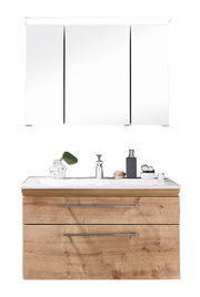 Frontale Ansicht einer modernen Badkombination mit einem großen Spiegelschrank und einem Waschtisch mit Holzoptik und zwei Schubladen.