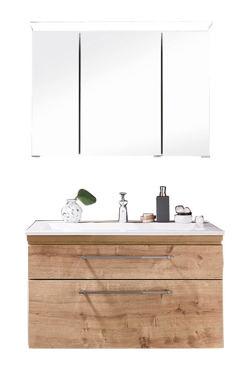 Frontale Ansicht einer modernen Badkombination mit einem großen Spiegelschrank und einem Waschtisch mit Holzoptik und zwei Schubladen.