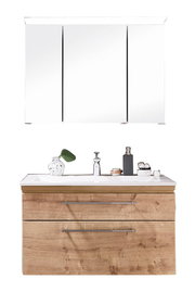 Frontale Ansicht einer modernen Badkombination mit einem großen Spiegelschrank und einem Waschtisch mit Holzoptik und zwei Schubladen.