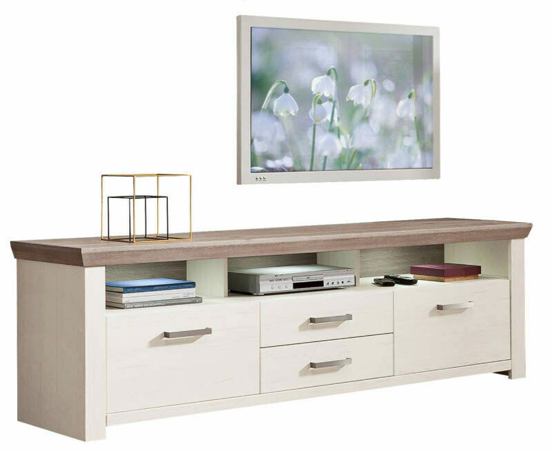 Lowboard in heller Holzoptik mit dunkler Oberseite, drei Schubladen und offenen Fächern, frontal abgebildet.