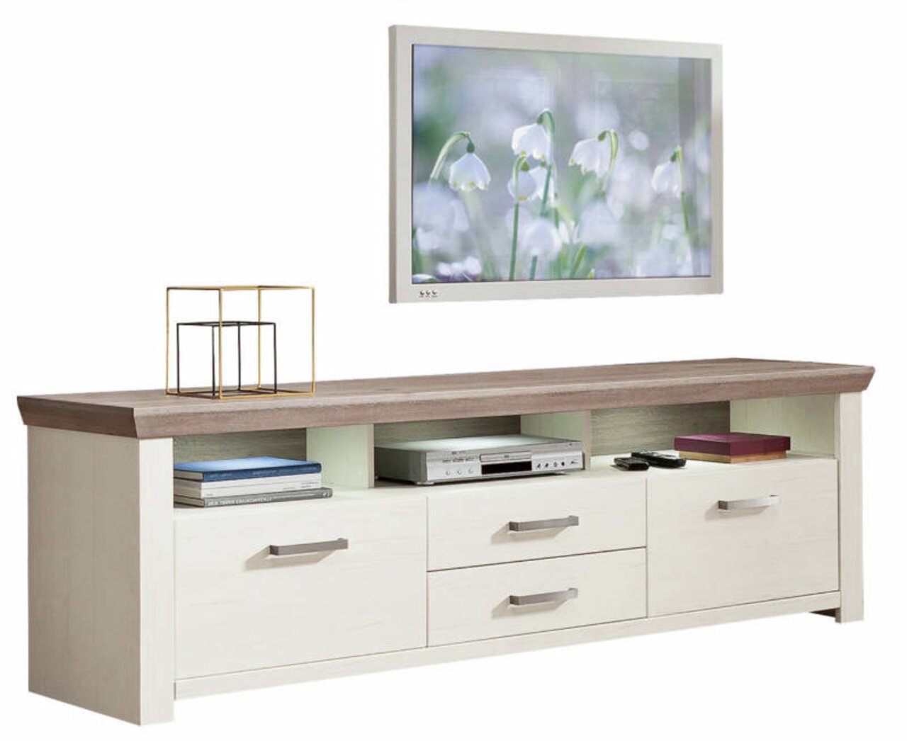 Lowboard in heller Holzoptik mit dunkler Oberseite, drei Schubladen und offenen Fächern, frontal abgebildet.