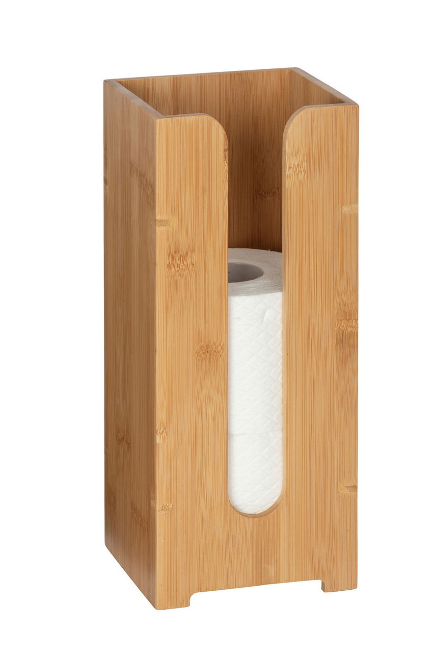 Bambus-Toilettenpapierhalter mit einer Ersatzrolle, frontal betrachtet