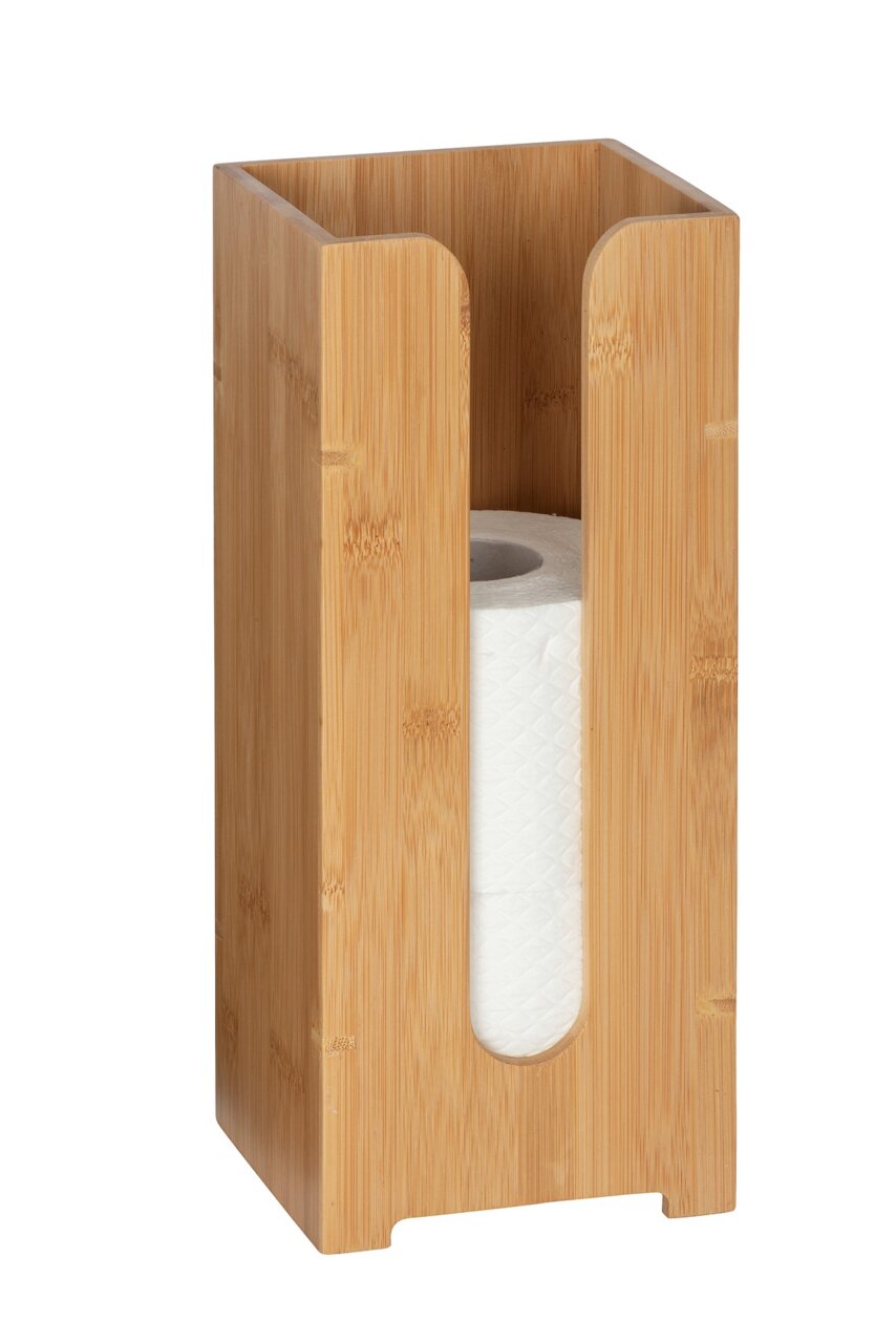 Bambus-Toilettenpapierhalter mit einer Ersatzrolle, frontal betrachtet