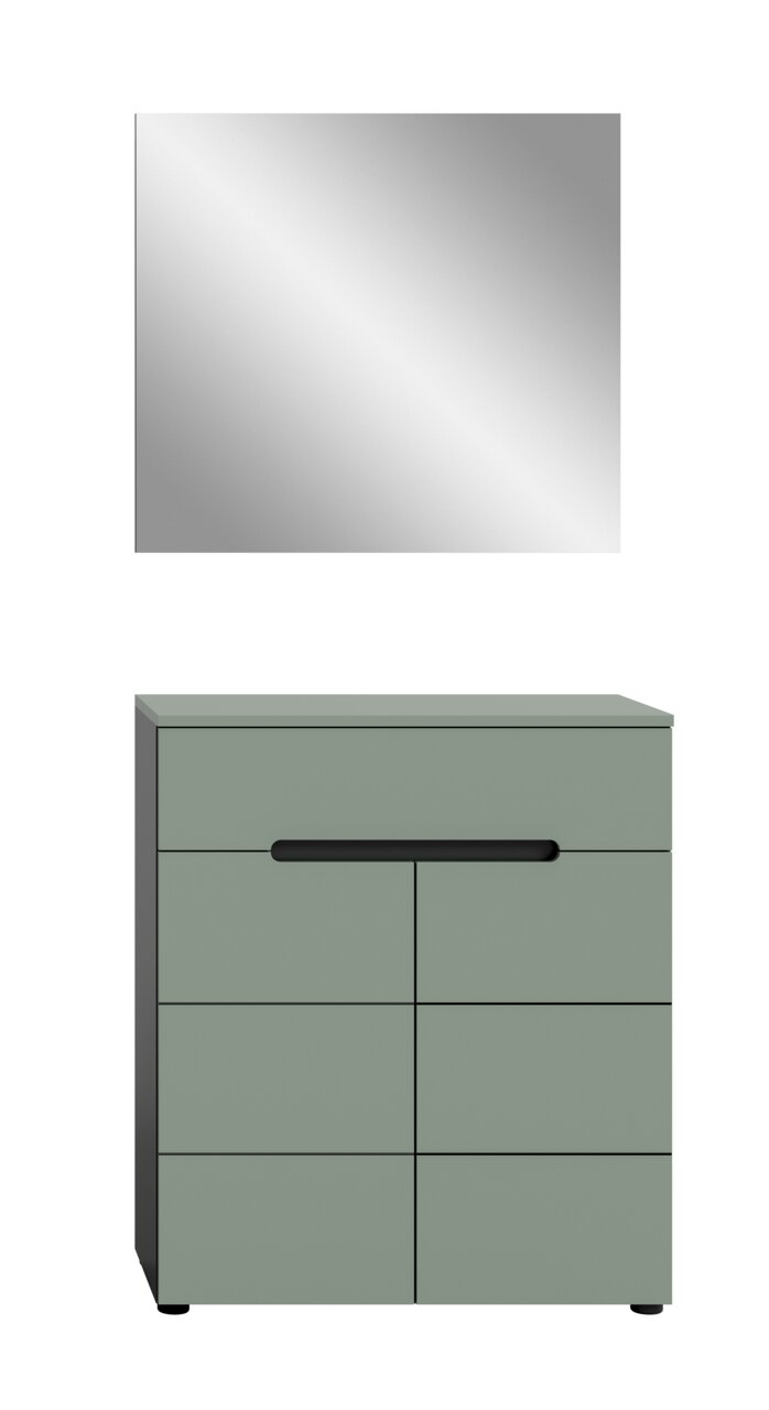 Modernes Sideboard/Kommode in Salbeigrün mit schwarzer Griffleiste und klaren Frontfugen, freistehend auf kleinen Füßen, Ansicht von vorne.