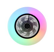 Deckenventilator mit buntem LED-Lichtring, Ansicht von unten