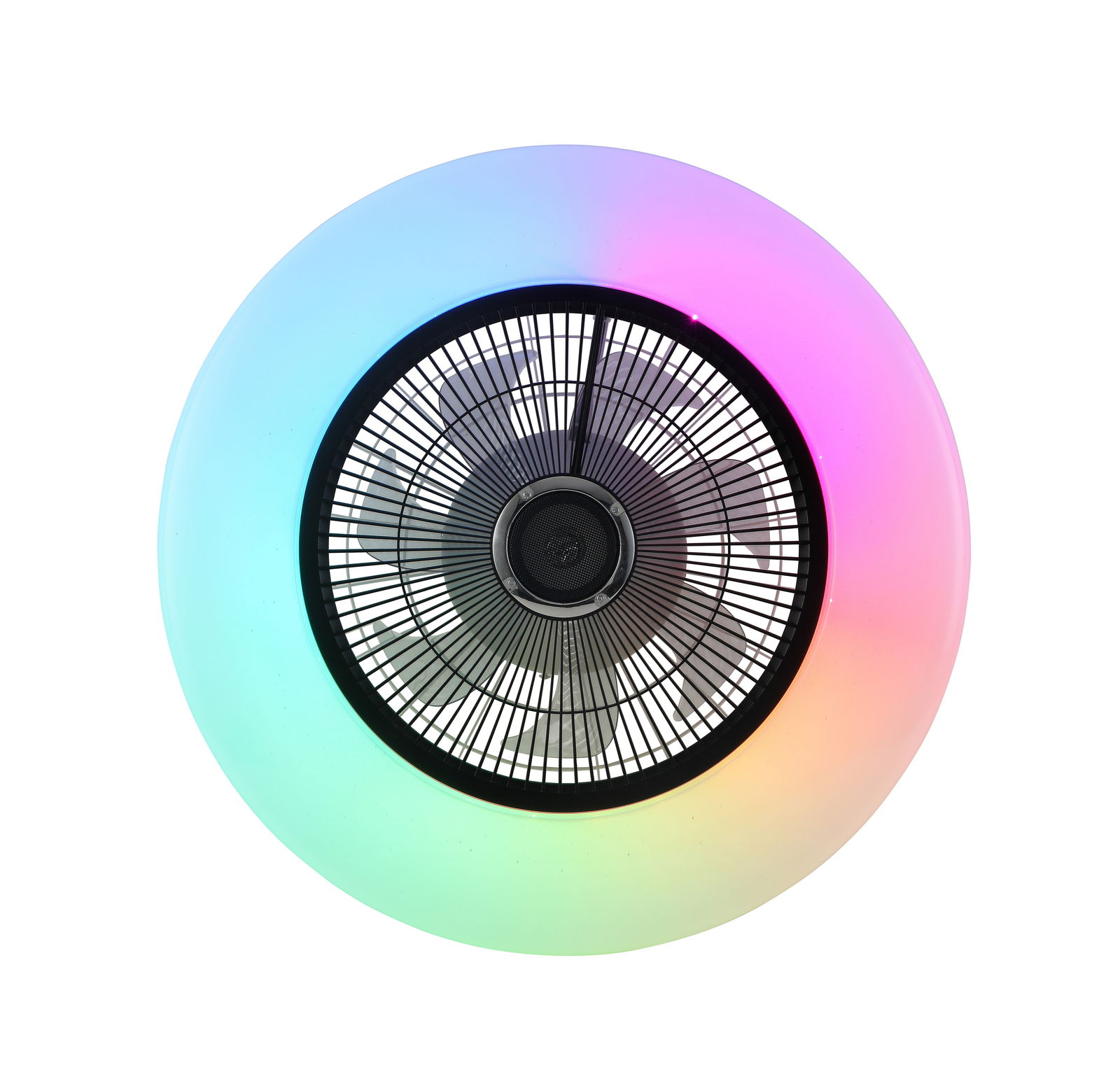 Deckenventilator mit buntem LED-Lichtring, Ansicht von unten