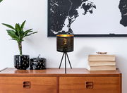 Moderne Tischleuchte mit schwarzem, perforiertem Lampenschirm auf dreibeinigem Ständer, auf einem Holztisch neben einer Pflanze und Büchern, aus seitlicher Perspektive.