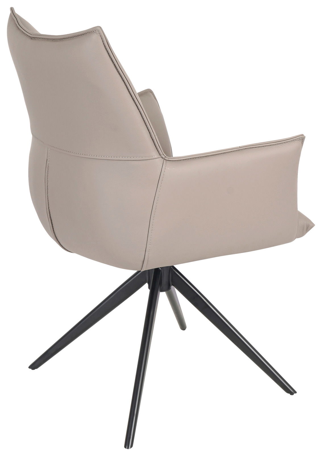 Rückansicht eines modernen Armlehnstuhls mit beigem Bezug und schwarzen Metallbeinen.