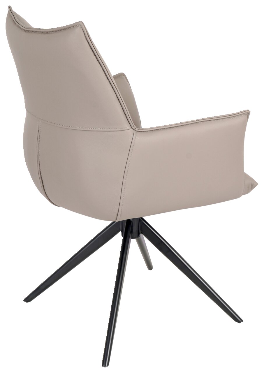 Rückansicht eines modernen Armlehnstuhls mit beigem Bezug und schwarzen Metallbeinen.