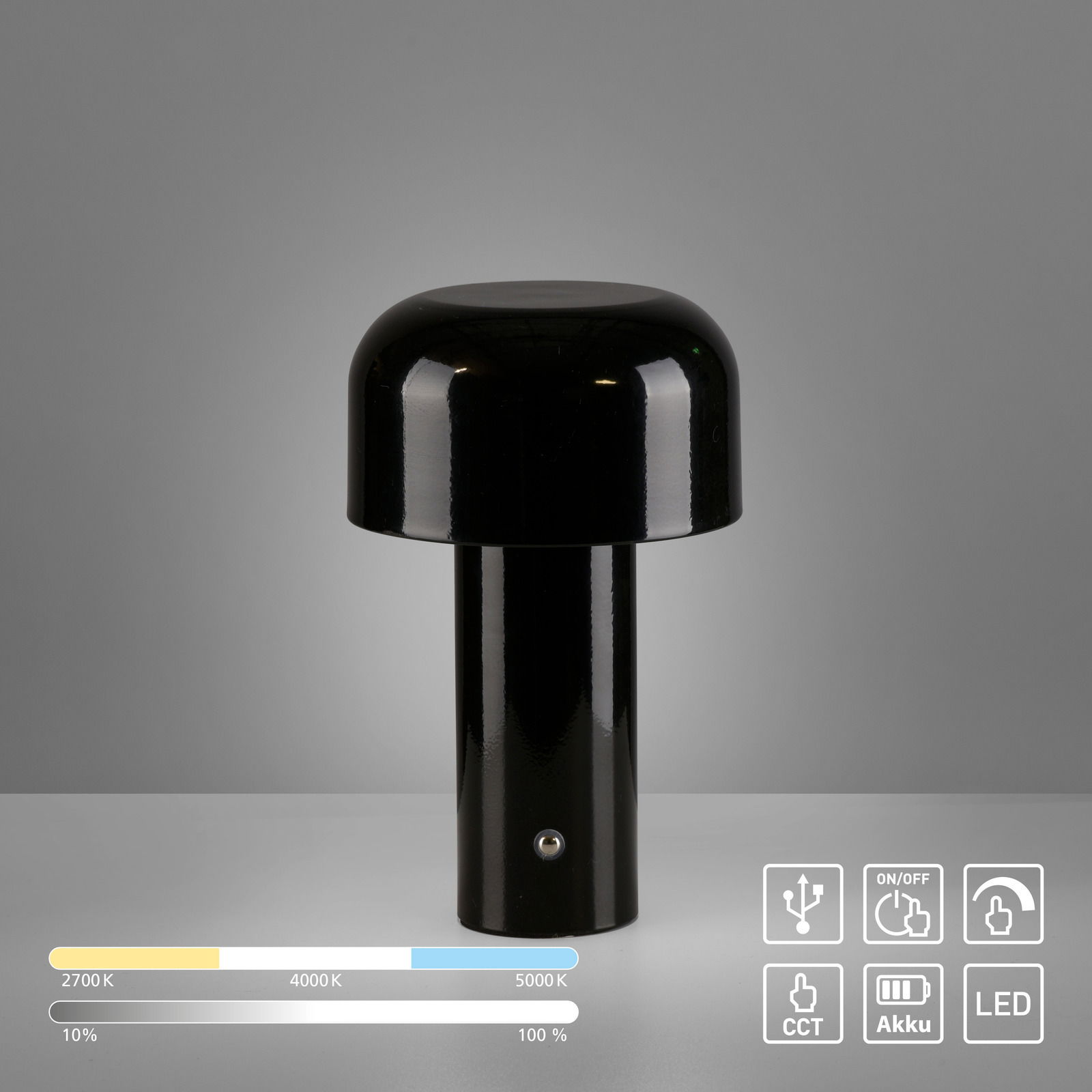Schwarze Akku-Tischleuchte AGNES in zylindrischer Form, frontal abgebildet, mit einstellbarer Farbtemperatur und Helligkeit.