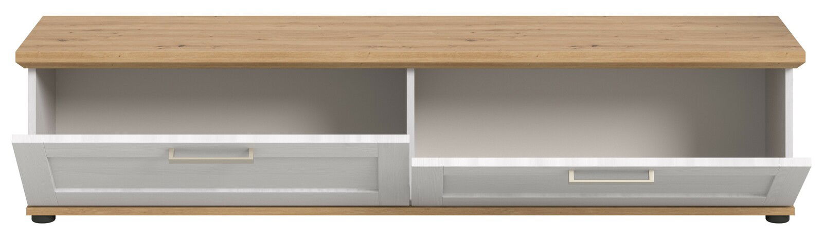 Frontansicht eines Lowboards mit zwei offenen Schubladen, Holzoberfläche und weißen Fronten.