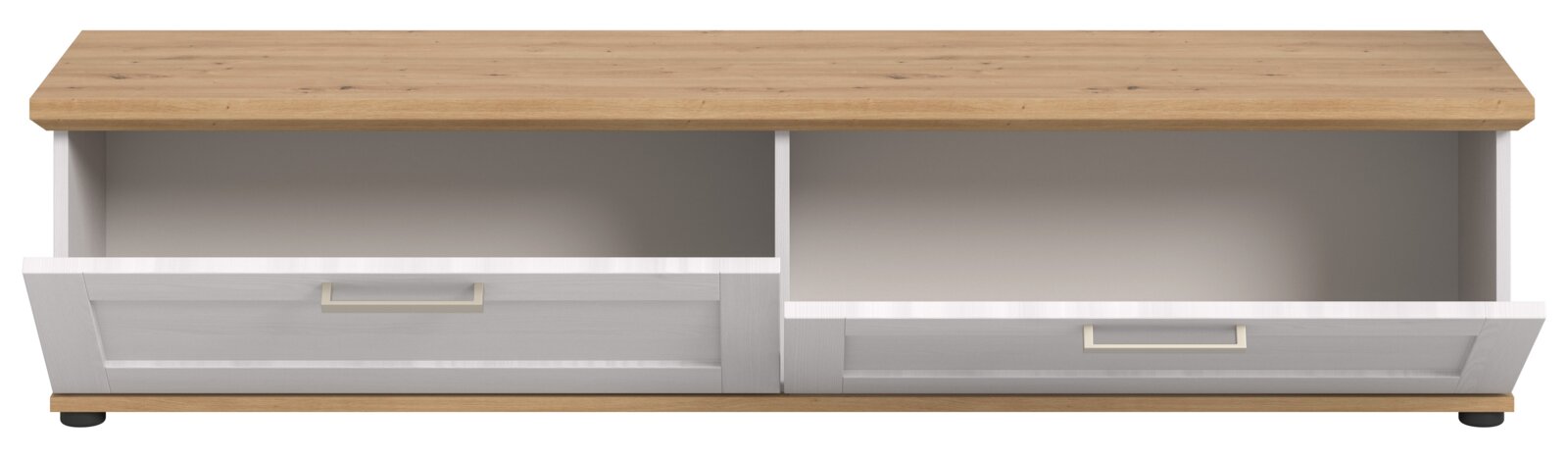 Frontansicht eines Lowboards mit zwei offenen Schubladen, Holzoberfläche und weißen Fronten.