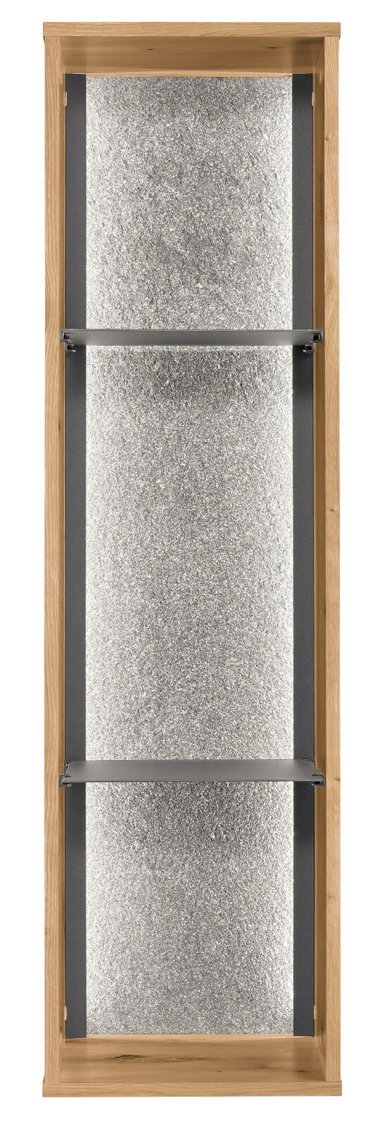 Frontale Ansicht eines Hängeregals mit zwei Regalböden, Holzrahmen und silberner Rückwand.